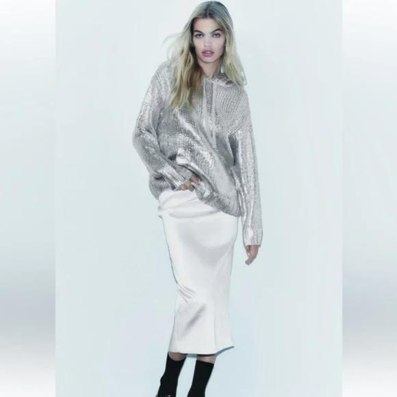 ZARA FOIL HOODED KNIT SWEATSHIRT - Picture 1 of 4